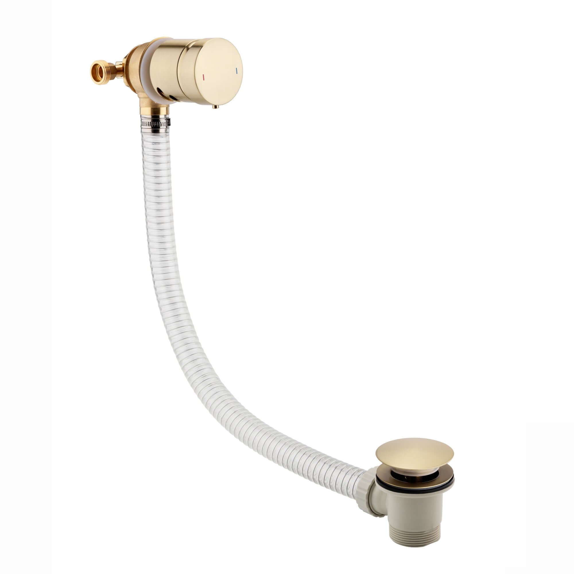 Buy Round temperature control bath mixer filler with overflow and clicker waste - brushed brass Online UK | HOUSE OF ENKI
